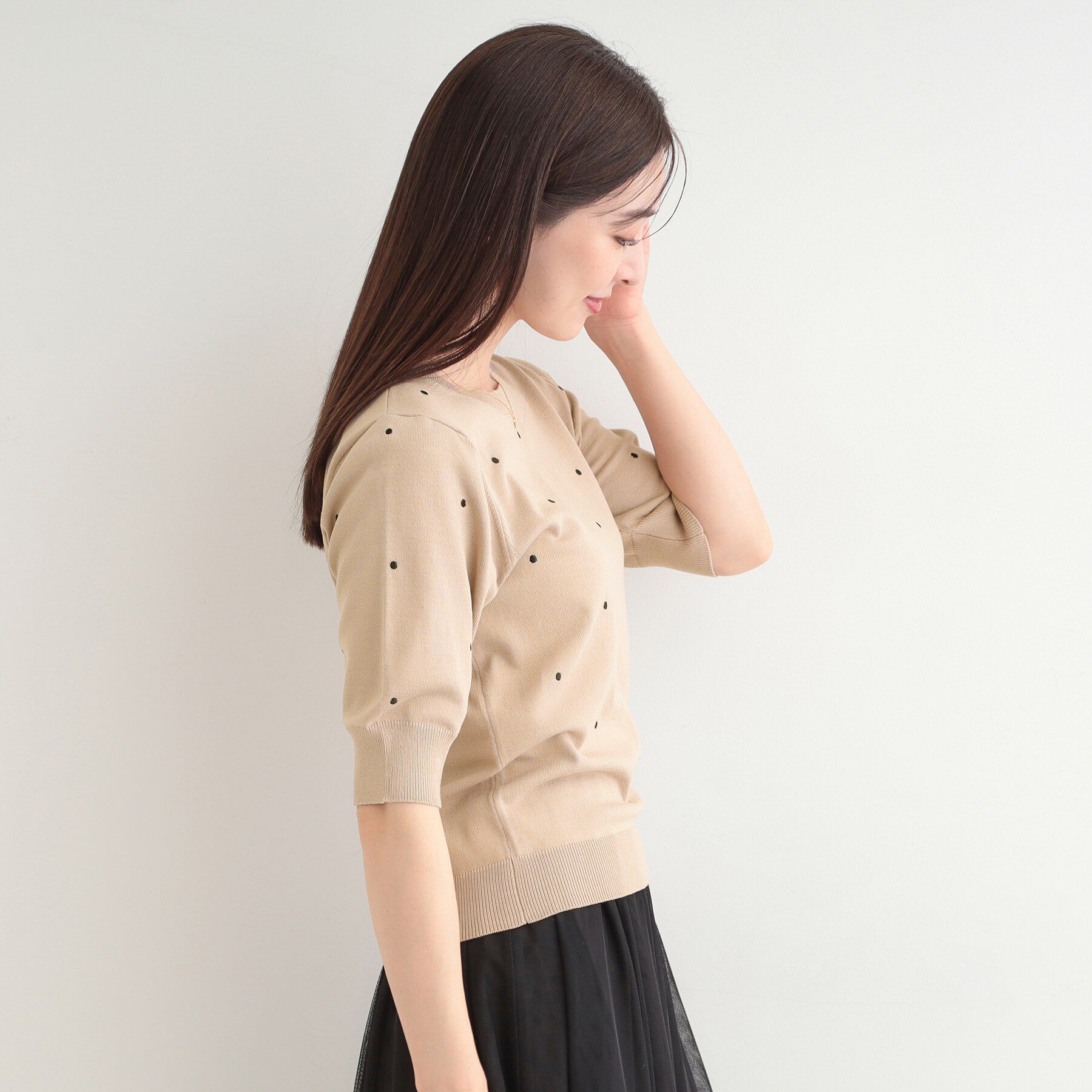 SHOO･LA･RUE「【S-LL】大人かわいい　ドット刺繍5分袖ニット」|ニット・セーター|