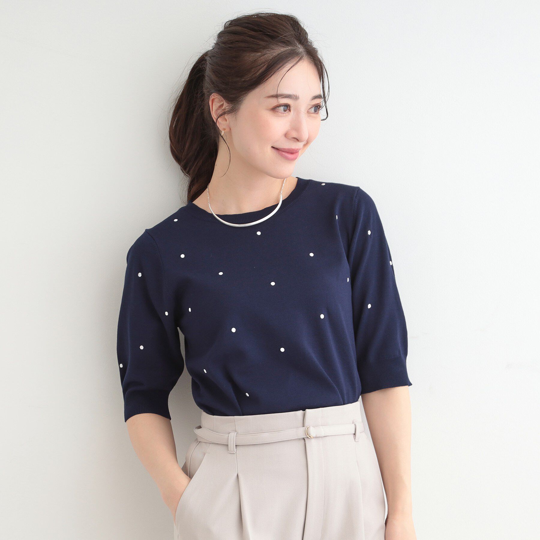 SHOO･LA･RUE「【S-LL】大人かわいい　ドット刺繍5分袖ニット」|ニット・セーター|
