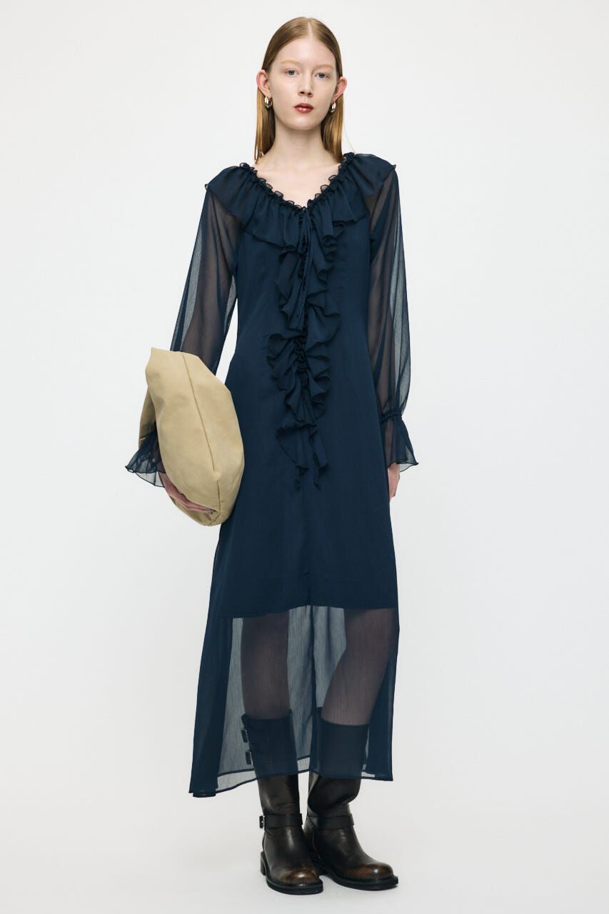 MOUSSY「RUFFLE CHIFFON MAXI ドレス」|ワンピース|NVY