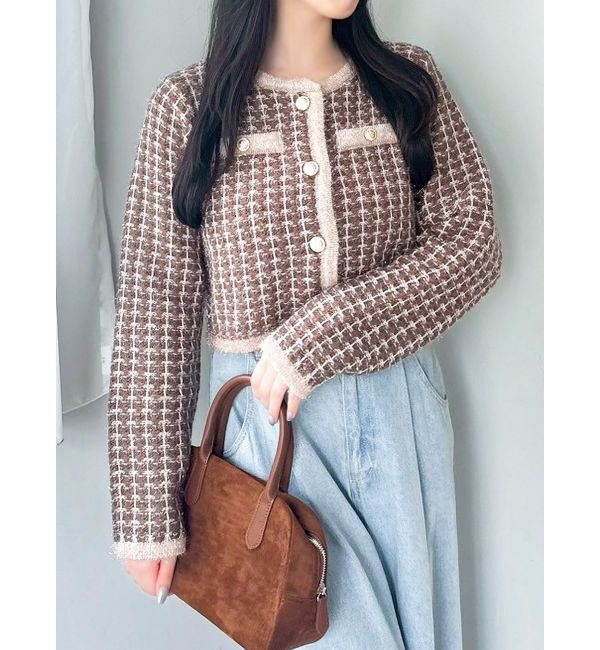 dazzlin「ツイードライクショートニットジャケット」|カーディガン|ブラウン