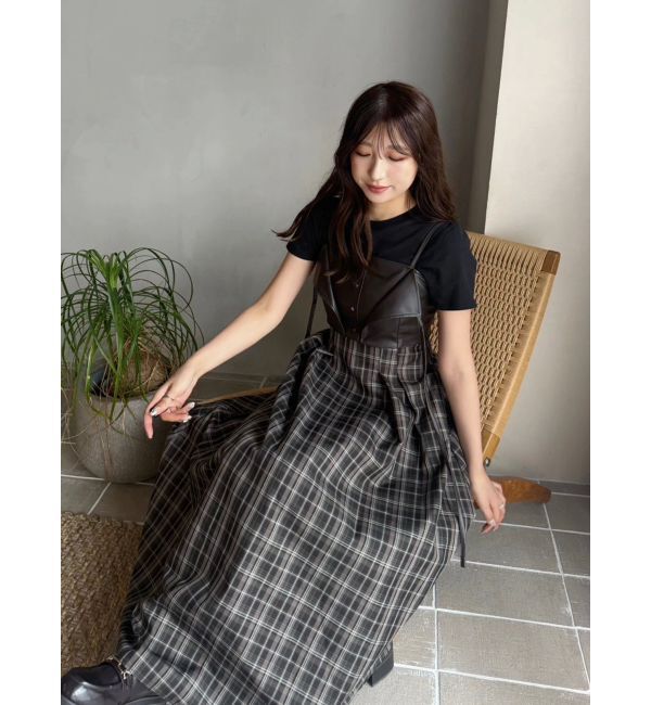 MERCURYDUO「フェイクレザービスチェドッキングキャミワンピース」|ワンピース|