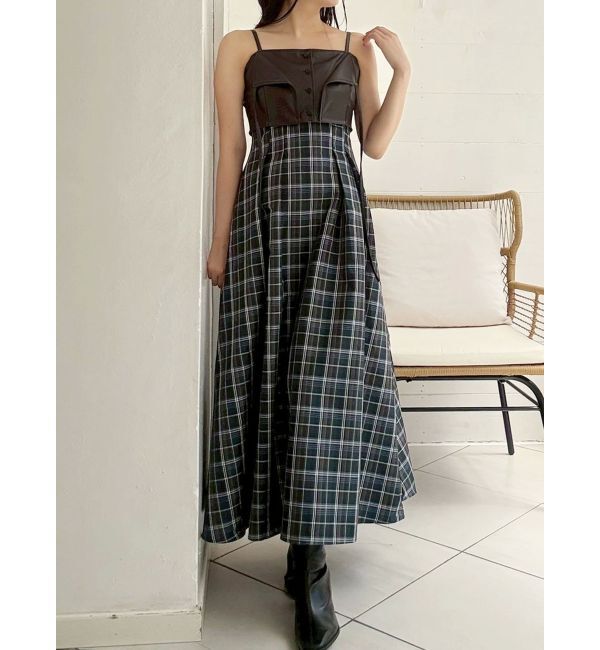 MERCURYDUO「フェイクレザービスチェドッキングキャミワンピース」|ワンピース|