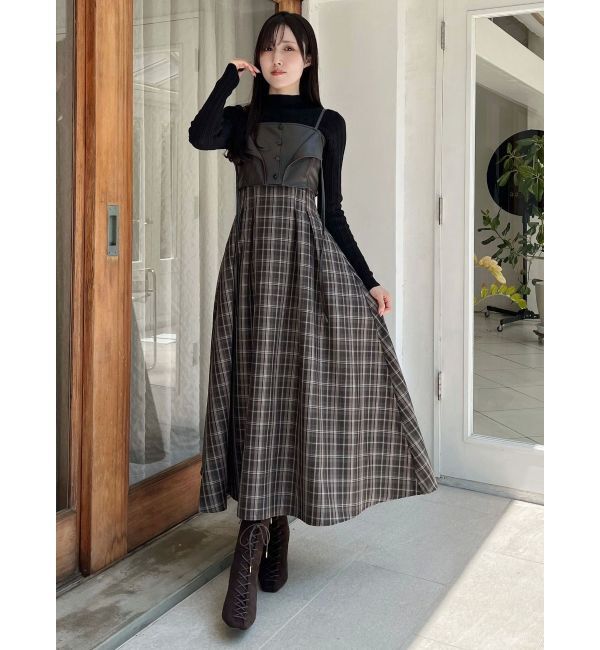 MERCURYDUO「フェイクレザービスチェドッキングキャミワンピース」|ワンピース|