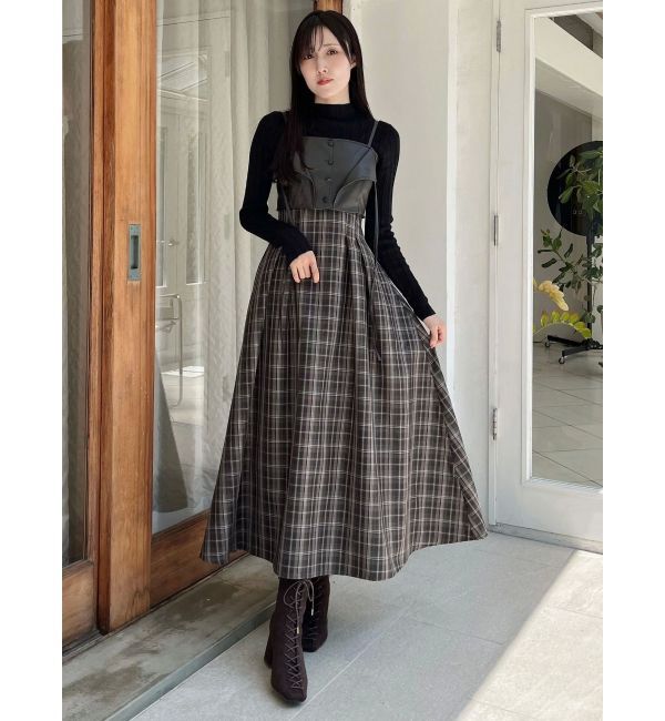 MERCURYDUO「フェイクレザービスチェドッキングキャミワンピース」|ワンピース|