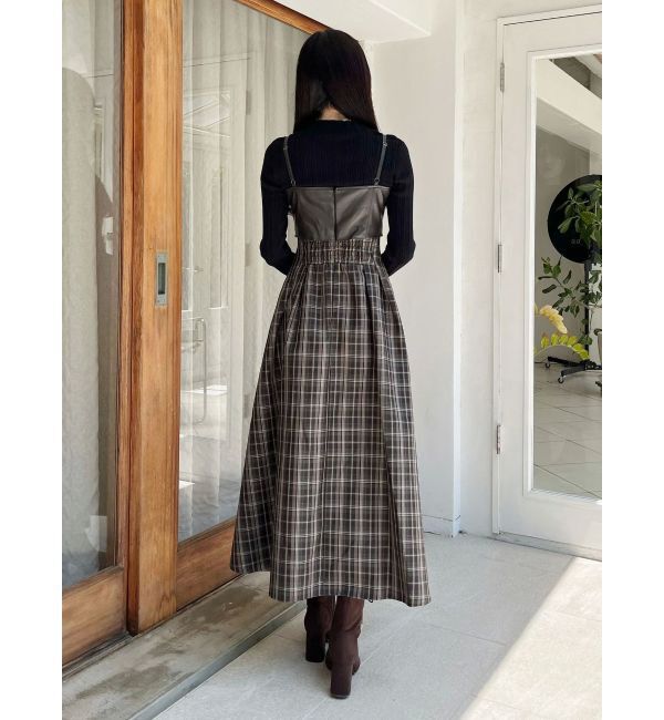 MERCURYDUO「フェイクレザービスチェドッキングキャミワンピース」|ワンピース|