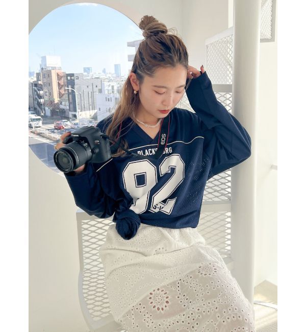 Ungrid「メッシュコンビナンバリングロングスリーブTee」|Tシャツ・カットソー|ネイビー