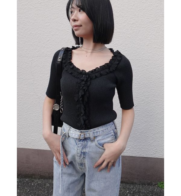 LAGUNAMOON「リブフリルハーフスリーブカーデニットプルオーバー」|カーディガン|