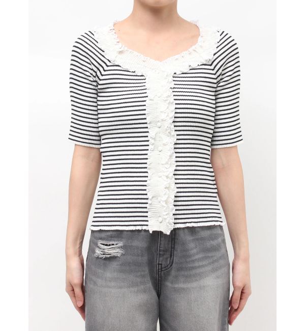 LAGUNAMOON「リブフリルハーフスリーブカーデニットプルオーバー」|カーディガン|