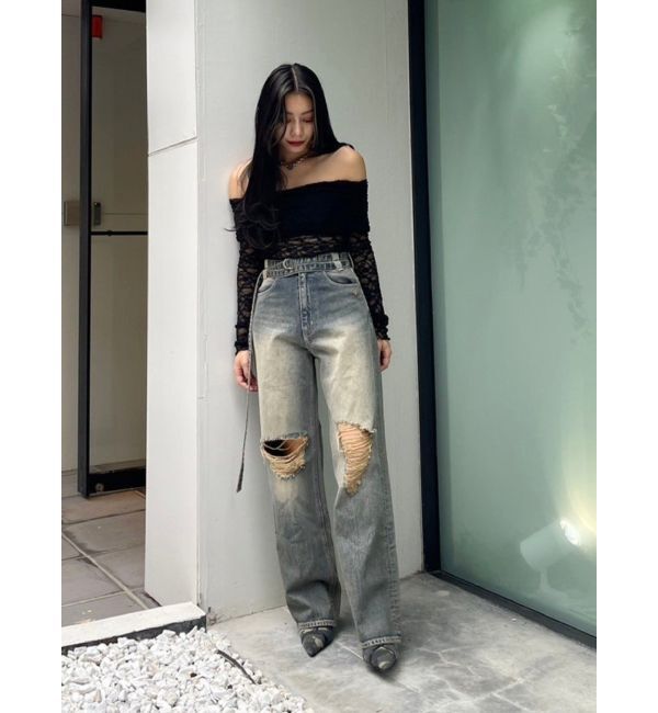 EVRIS「ウエストベルトワイドデニムパンツ」|デニム|