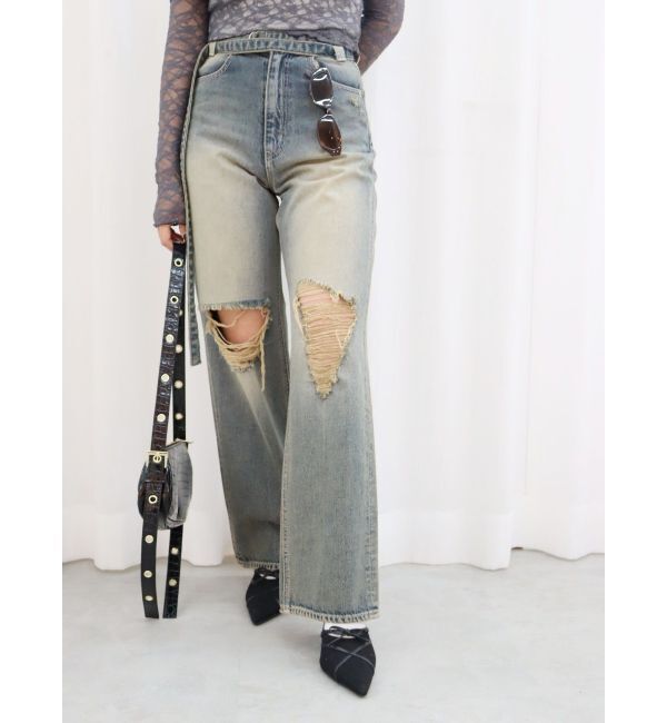 EVRIS「ウエストベルトワイドデニムパンツ」|デニム|