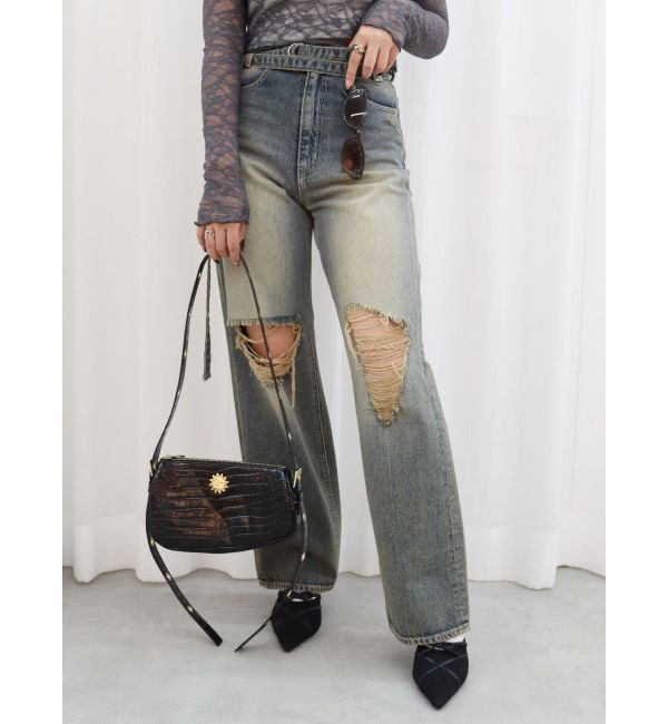 EVRIS「ウエストベルトワイドデニムパンツ」|デニム|アイスブルー