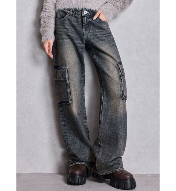 GYDA「ハイウエスト CUT OUT CARGOワイトデニムパンツ」|デニム|