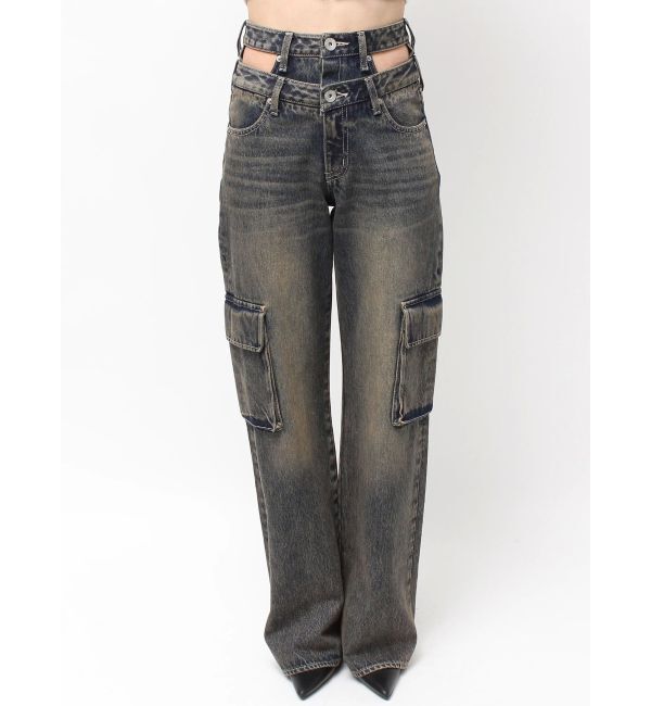 GYDA「ハイウエスト CUT OUT CARGOワイトデニムパンツ」|デニム|