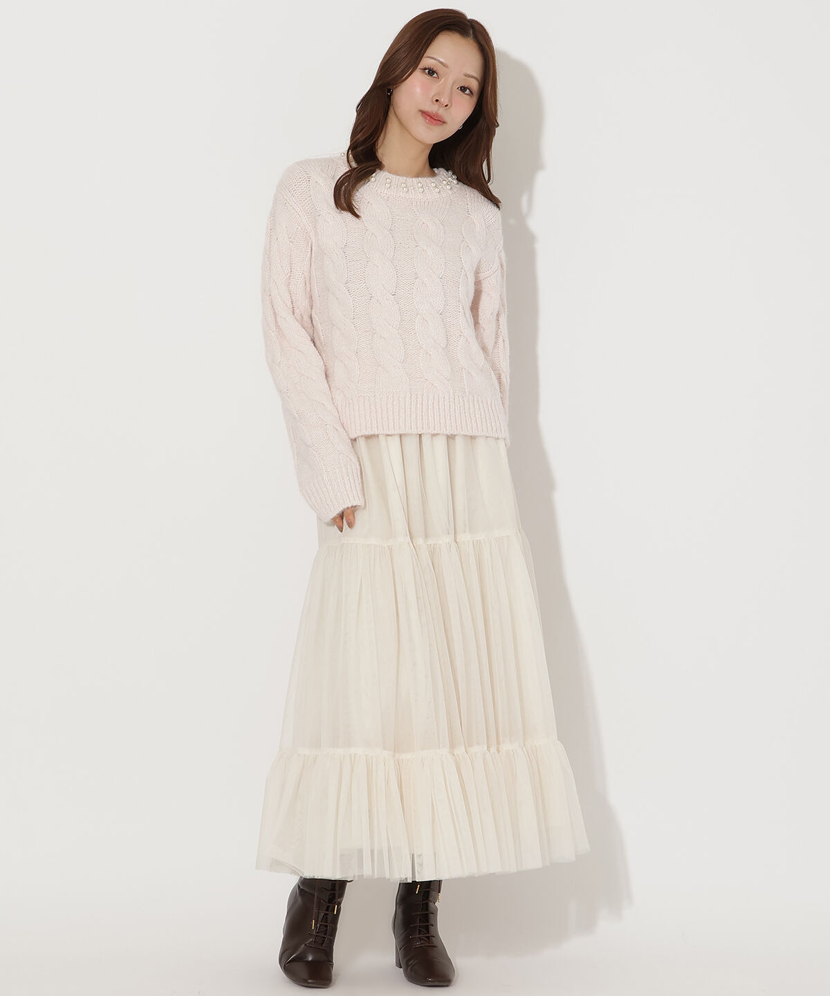 アンドクチュール「チュールティアードギャザースカート」|フレア|ベージュ