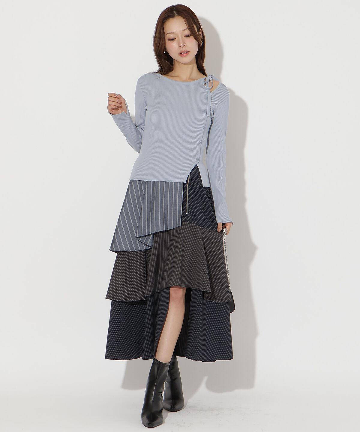 アンドクチュール「ストライプパッチワークスカート」|フレア|Navy/borderｽﾄﾗｲﾌﾟ