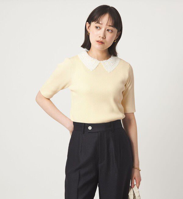 UNITED ARROWS green label relaxing「リブ エリレース 2WAY 5分袖 ニット プルオーバー」|ニット・セーター|OFF WHITE