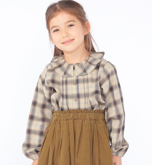 SHIPS KIDS「SHIPS KIDS:100～130cm / プリーツ カラー 長袖 チェック ブラウス」|シャツ・ブラウス|ベージュ