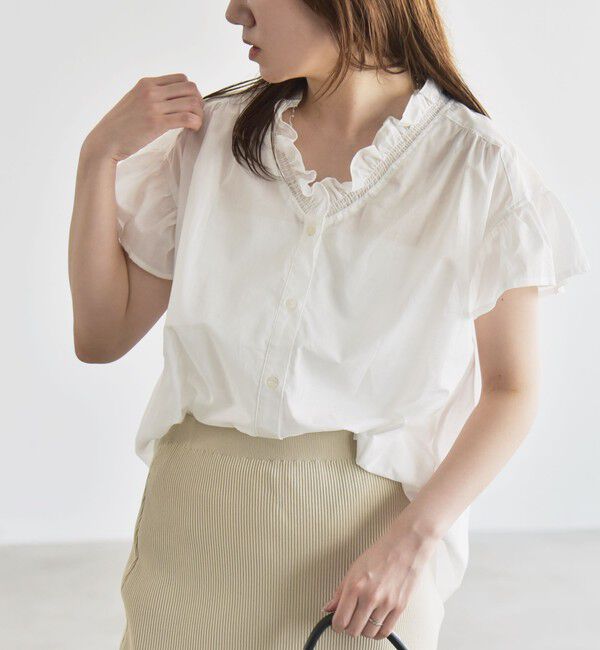 quaranciel「quaranciel:〈手洗い可能〉コットン フリルネック フレアスリーブ ブラウス」|シャツ・ブラウス|