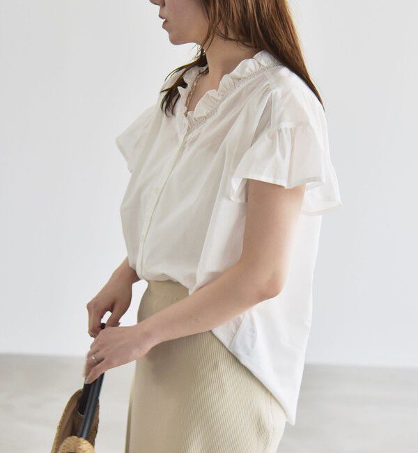 quaranciel「quaranciel:〈手洗い可能〉コットン フリルネック フレアスリーブ ブラウス」|シャツ・ブラウス|