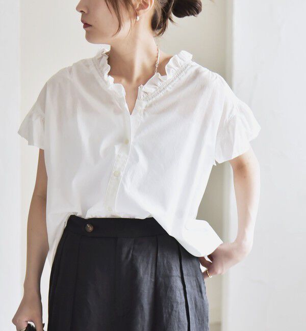 quaranciel「quaranciel:〈手洗い可能〉コットン フリルネック フレアスリーブ ブラウス」|シャツ・ブラウス|