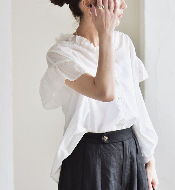 quaranciel「quaranciel:〈手洗い可能〉コットン フリルネック フレアスリーブ ブラウス」|シャツ・ブラウス|