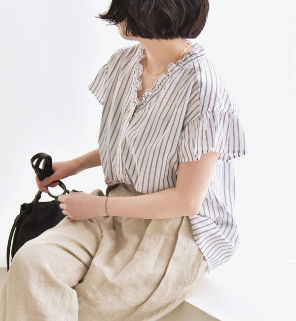 quaranciel「quaranciel:〈手洗い可能〉コットン フリルネック フレアスリーブ ブラウス」|シャツ・ブラウス|