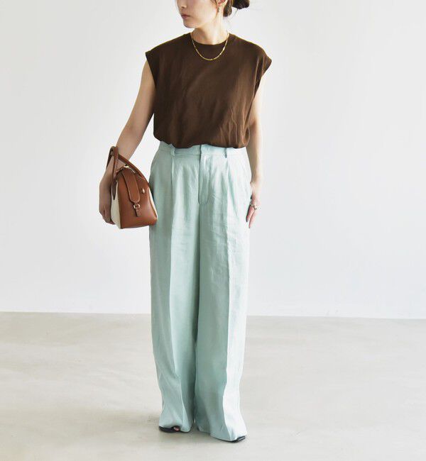 quaranciel「quaranciel:〈洗濯機可能〉リネン ミックス ワイド タック イージー パンツ」|スラックス|