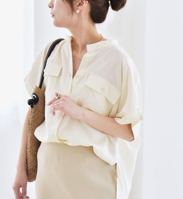 quaranciel「quaranciel:〈手洗い可能〉バンドカラー ハーフスリーブ ポケット ワーク シャツ」|シャツ・ブラウス|ナチュラル