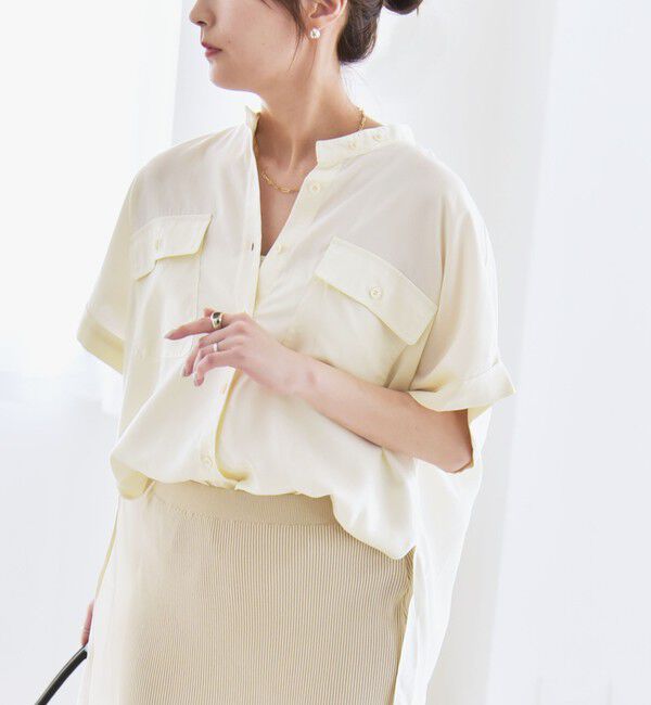 quaranciel「quaranciel:〈手洗い可能〉バンドカラー ハーフスリーブ ポケット ワーク シャツ」|シャツ・ブラウス|