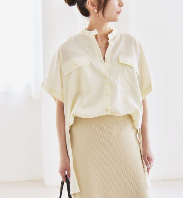 quaranciel「quaranciel:〈手洗い可能〉バンドカラー ハーフスリーブ ポケット ワーク シャツ」|シャツ・ブラウス|