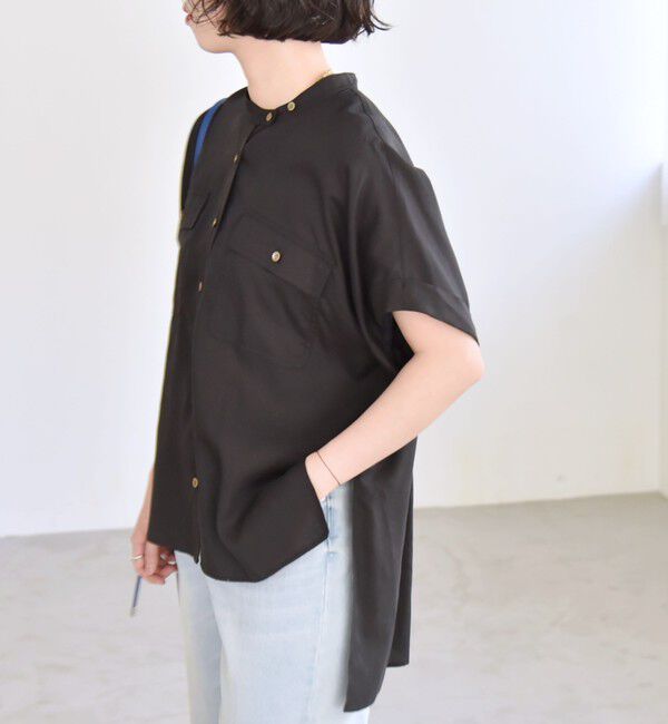 quaranciel「quaranciel:〈手洗い可能〉バンドカラー ハーフスリーブ ポケット ワーク シャツ」|シャツ・ブラウス|