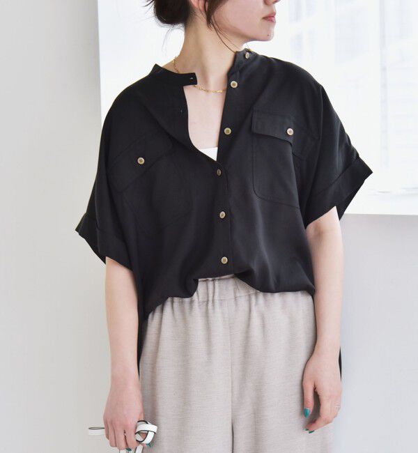quaranciel「quaranciel:〈手洗い可能〉バンドカラー ハーフスリーブ ポケット ワーク シャツ」|シャツ・ブラウス|