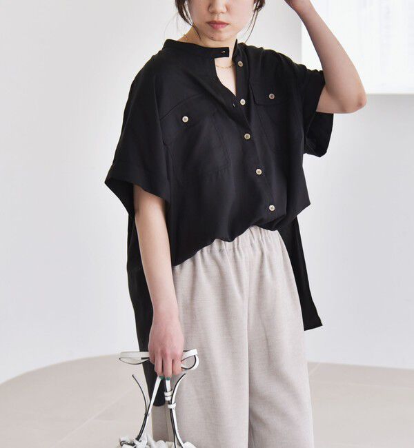 quaranciel「quaranciel:〈手洗い可能〉バンドカラー ハーフスリーブ ポケット ワーク シャツ」|シャツ・ブラウス|