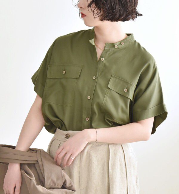 quaranciel「quaranciel:〈手洗い可能〉バンドカラー ハーフスリーブ ポケット ワーク シャツ」|シャツ・ブラウス|
