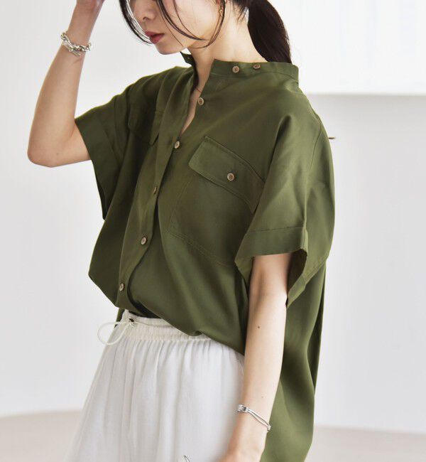 quaranciel「quaranciel:〈手洗い可能〉バンドカラー ハーフスリーブ ポケット ワーク シャツ」|シャツ・ブラウス|