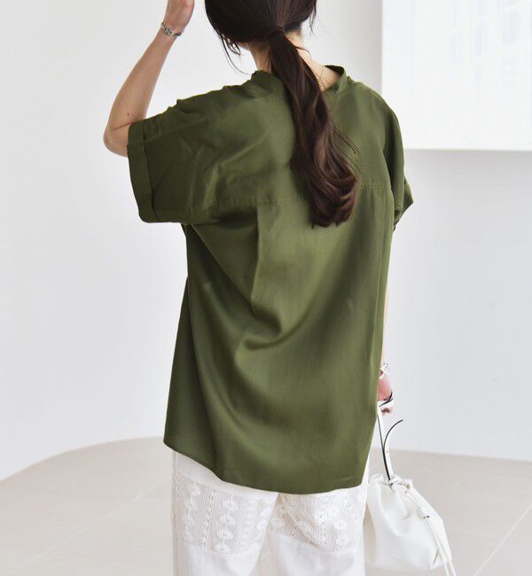 quaranciel「quaranciel:〈手洗い可能〉バンドカラー ハーフスリーブ ポケット ワーク シャツ」|シャツ・ブラウス|