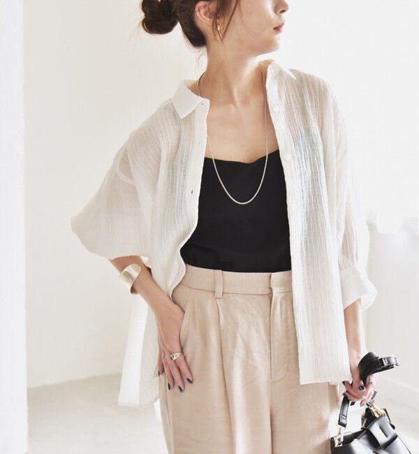 quaranciel「quaranciel :〈洗濯機可能〉シアー バンピー レギュラーカラー パフ シャツ ブラウス」|シャツ・ブラウス|