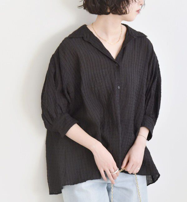 quaranciel「quaranciel :〈洗濯機可能〉シアー バンピー レギュラーカラー パフ シャツ ブラウス」|シャツ・ブラウス|