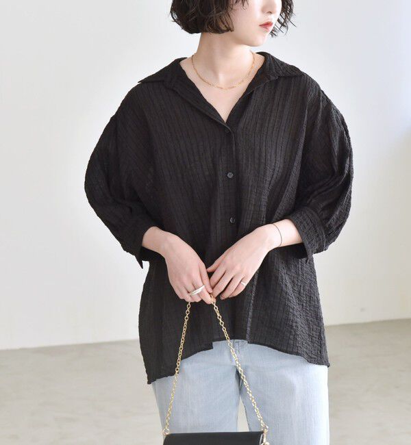 quaranciel「quaranciel :〈洗濯機可能〉シアー バンピー レギュラーカラー パフ シャツ ブラウス」|シャツ・ブラウス|