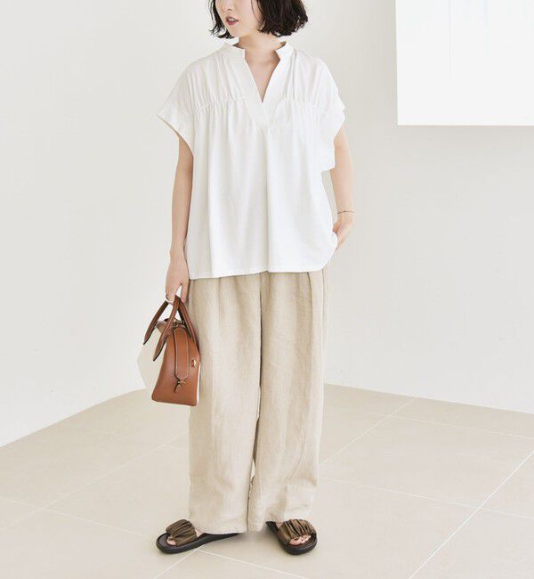 quaranciel「quaranciel:〈手洗い可能〉ギャザー スキッパー バンドカラー プルオーバー」|Tシャツ・カットソー|