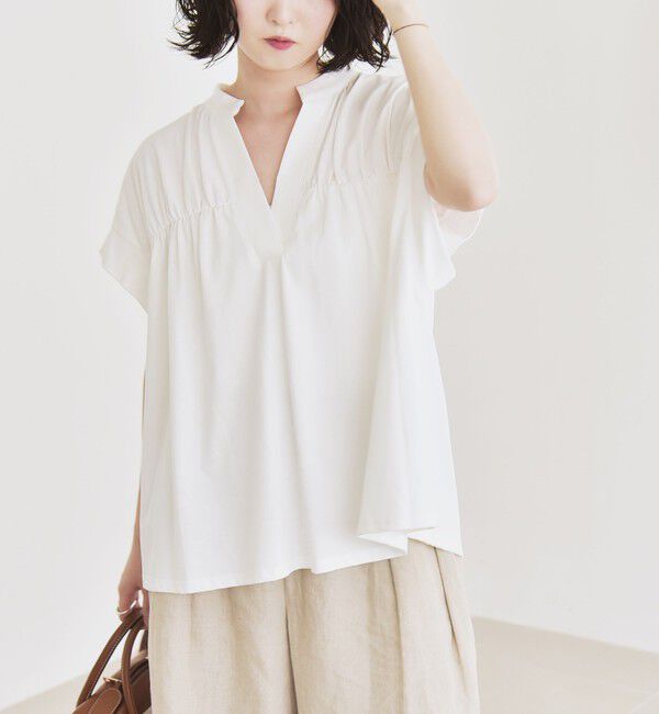 quaranciel「quaranciel:〈手洗い可能〉ギャザー スキッパー バンドカラー プルオーバー」|Tシャツ・カットソー|