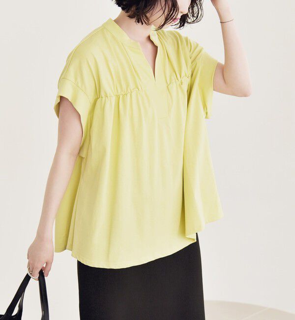 quaranciel「quaranciel:〈手洗い可能〉ギャザー スキッパー バンドカラー プルオーバー」|Tシャツ・カットソー|