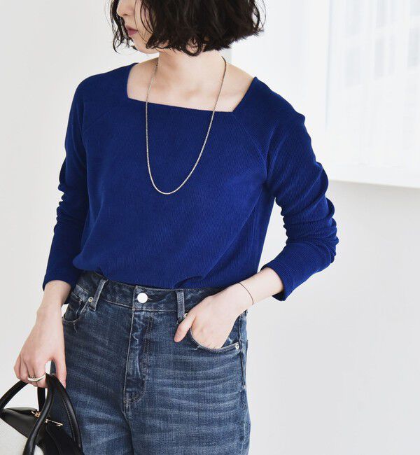 quaranciel「quaranciel:〈洗濯機可能〉ポリエステル ベロア スクエア ネック プルオーバー」|Tシャツ・カットソー|ブルー