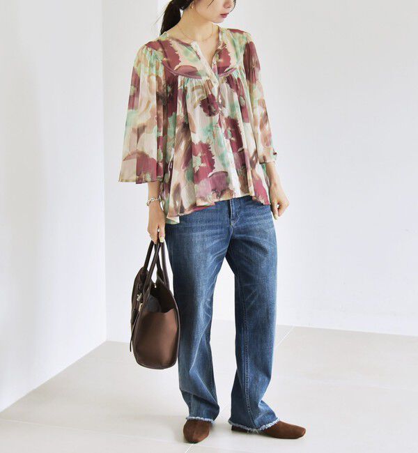 quaranciel「quaranciel:〈洗濯機可能〉シアー フラワー プリント ノーカラー ヨーク シャツ ブラウス」|シャツ・ブラウス|