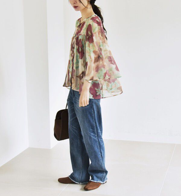 quaranciel「quaranciel:〈洗濯機可能〉シアー フラワー プリント ノーカラー ヨーク シャツ ブラウス」|シャツ・ブラウス|