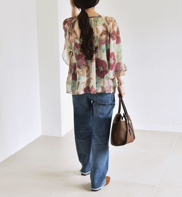 quaranciel「quaranciel:〈洗濯機可能〉シアー フラワー プリント ノーカラー ヨーク シャツ ブラウス」|シャツ・ブラウス|
