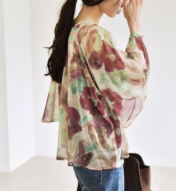 quaranciel「quaranciel:〈洗濯機可能〉シアー フラワー プリント ノーカラー ヨーク シャツ ブラウス」|シャツ・ブラウス|