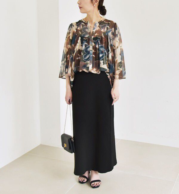 quaranciel「quaranciel:〈洗濯機可能〉シアー フラワー プリント ノーカラー ヨーク シャツ ブラウス」|シャツ・ブラウス|