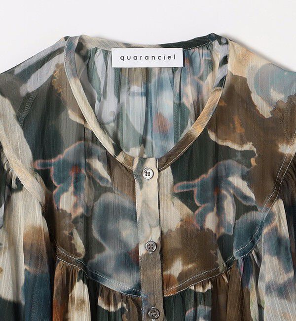 quaranciel「quaranciel:〈洗濯機可能〉シアー フラワー プリント ノーカラー ヨーク シャツ ブラウス」|シャツ・ブラウス|