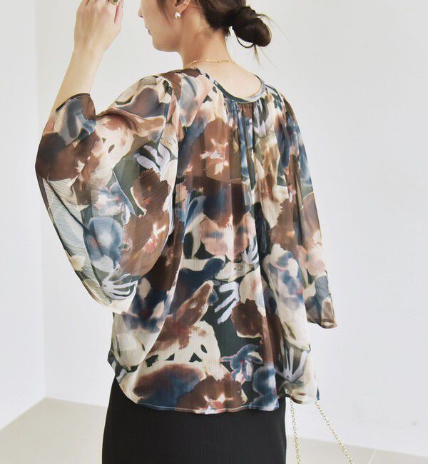 quaranciel「quaranciel:〈洗濯機可能〉シアー フラワー プリント ノーカラー ヨーク シャツ ブラウス」|シャツ・ブラウス|